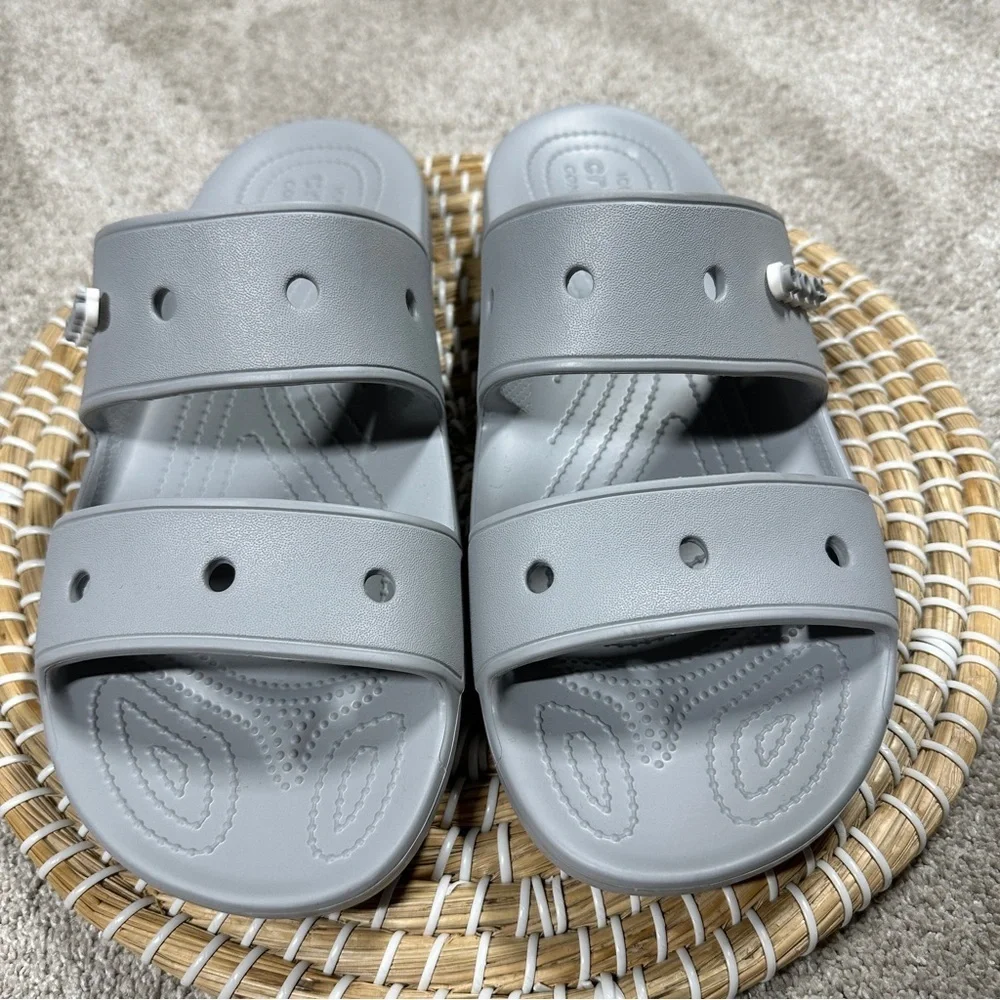 Crocs Men’s Classic Smiley Sandal Slip On Slippers Two Straps in Light Gray 11